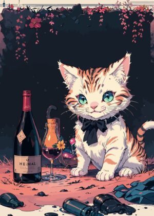 Anime Cat and Wine: A Whimsical Illustration - Premium Wooden Framed Poster. Ready to Hang.