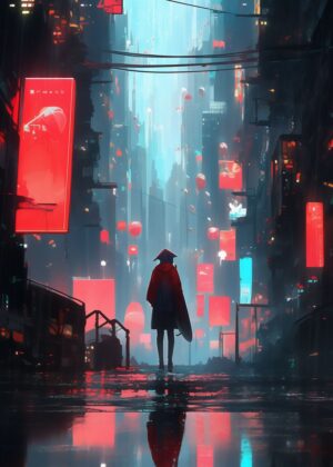 Cyberpunk City Nights: Solitude in the Neon Rain - Premium Wooden Framed Poster. Ready to Hang.