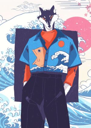 Stylish Wolf in Japanese Wave Art - Premium Wooden Framed Poster. Ready to Hang.