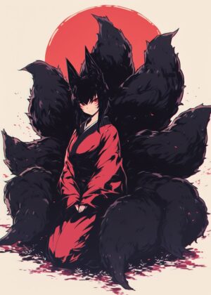 Mystic Waifu Kitsune: Anime Art Print - Premium Wooden Framed Poster. Ready to Hang.