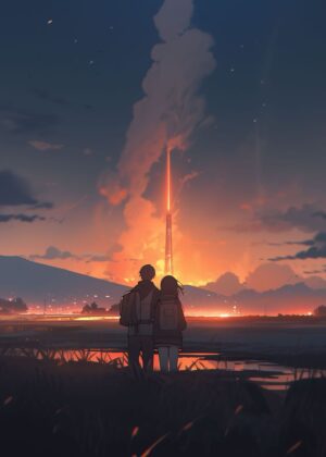 Anime Couple Watching Sunset Peaceful Sky Artwork - Premium Wooden Framed Poster. Ready to Hang.