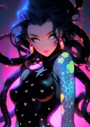 Anime Girl with Tentacles: Vibrant Neon Art Print - Premium Wooden Framed Poster. Ready to Hang.