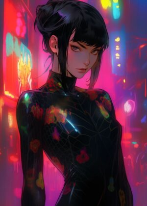 Cyberpunk Anime Girl in Neon Cityscape - Premium Wooden Framed Poster. Ready to Hang.