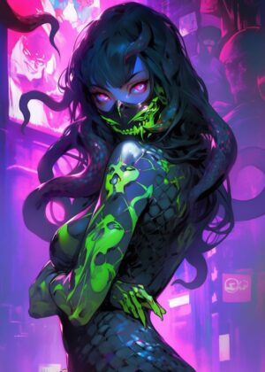 Cyberpunk Anime Girl with Snake Hair - Premium Wooden Framed Poster. Ready to Hang.