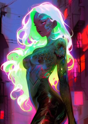 Neon Dreams: Anime Girl Cyberpunk Art Print - Premium Wooden Framed Poster. Ready to Hang.
