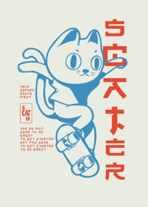 Skateboarding Cat Illustration: Japanese-Inspired Design - Premium Wooden Framed Poster. Ready to Hang.