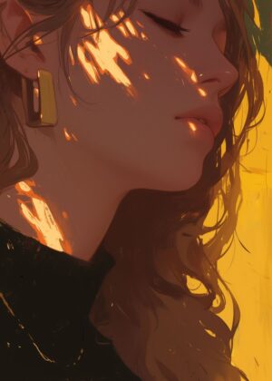Golden Hour Serenity: Anime Girl Art Print - Premium Wooden Framed Poster. Ready to Hang.