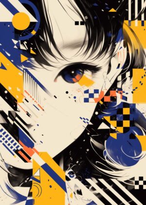 Geometric Anime Girl Art Print: Bold Colors & Abstract Shapes - Premium Wooden Framed Poster. Ready to Hang.