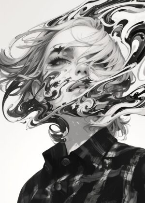 Abstract Anime Girl: Whimsical Ink & Wind - Premium Wooden Framed Poster. Ready to Hang.