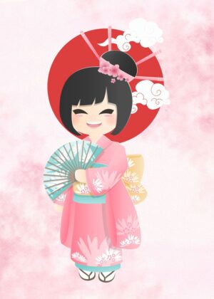 Adorable Girl in Traditional Japanese Kimono - Premium Wooden Framed Poster. Ready to Hang.