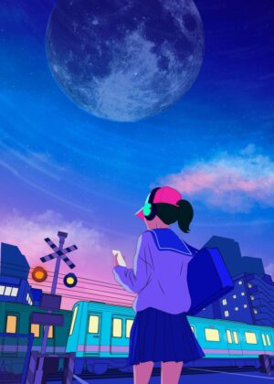 Tranquil City Nights: Anime Art Print - Premium Wooden Framed Poster. Ready to Hang.