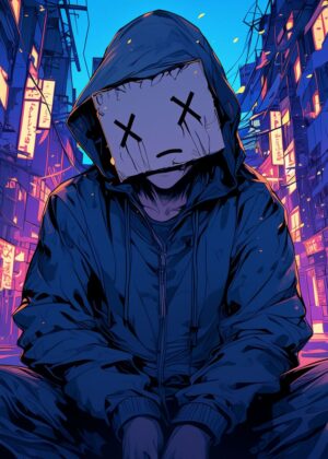 Melancholy in Neon: A Digital Art Print - Premium Wooden Framed Poster. Ready to Hang.