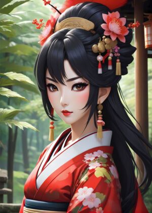 Elegant Anime Maiden in Traditional Attire - Premium Wooden Framed Poster. Ready to Hang.