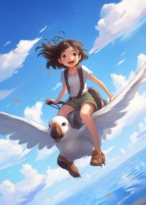 Joyful Flight: A Whimsical Adventure Artwork - Premium Wooden Framed Poster. Ready to Hang.