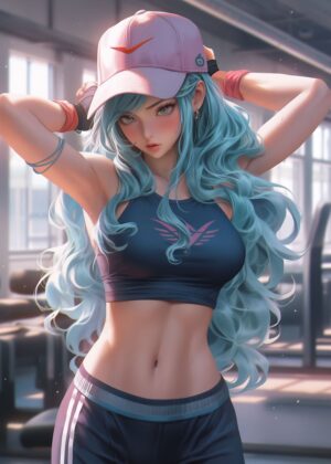 Anime Girl Fitness: Strength and Grace - Premium Wooden Framed Poster. Ready to Hang.