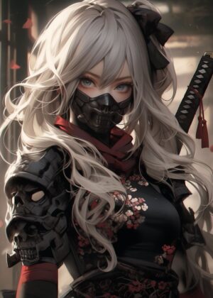Elegant Samurai Girl: Anime Art Print - Premium Wooden Framed Poster. Ready to Hang.