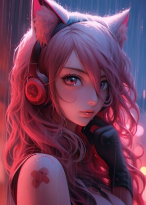 Rainy Night Neko Girl: Anime Art Print - Premium Wooden Framed Poster. Ready to Hang.
