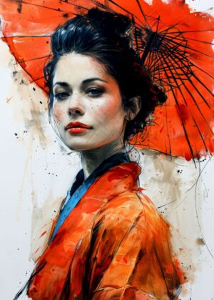 Fiery Embrace: A Woman's Portrait - Premium Wooden Framed Poster. Ready to Hang.
