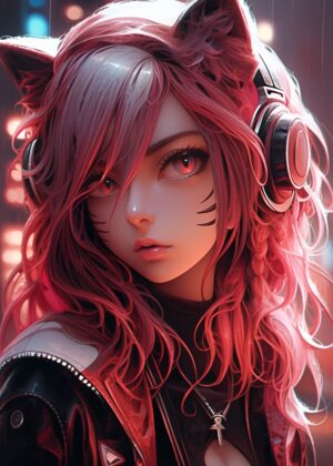 Cyberpunk Anime Oni Girl: Digital Art Print - Premium Wooden Framed Poster. Ready to Hang.