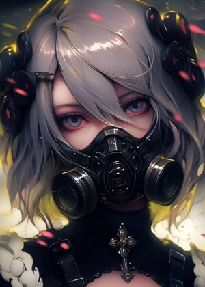 Anime Girl in Gas Mask: Cyberpunk Art Print - Premium Wooden Framed Poster. Ready to Hang.