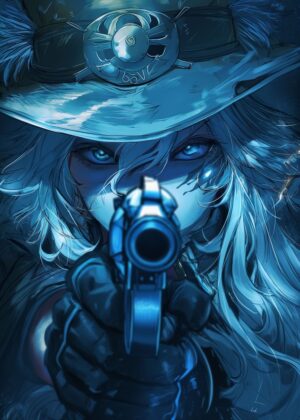 Cyberpunk Anime Girl with Pistol: Neon Blue Artwork - Premium Wooden Framed Poster. Ready to Hang.