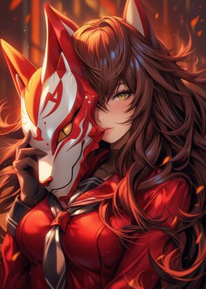 Fiery Kitsune: A Fantasy Anime Art Print - Premium Wooden Framed Poster. Ready to Hang.