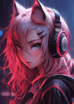 Cyberpunk Anime Cat Girl in the Rain - Premium Wooden Framed Poster. Ready to Hang.