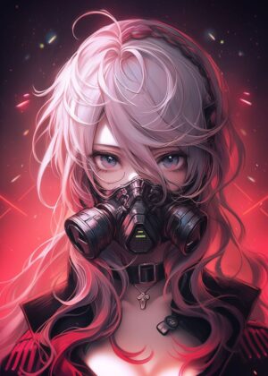 Anime Girl in Gas Mask: Cyberpunk Art Print - Premium Wooden Framed Poster. Ready to Hang.