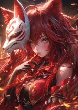 Fiery Kitsune Anime Girl Art Print - Premium Wooden Framed Poster. Ready to Hang.