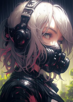 Cyberpunk Anime Girl Rain Art Print - Premium Wooden Framed Poster. Ready to Hang.