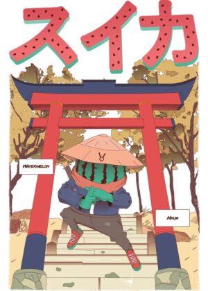 Watermelon Ninja: Japanese Summer Vibes Artwork - Premium Wooden Framed Poster. Ready to Hang.