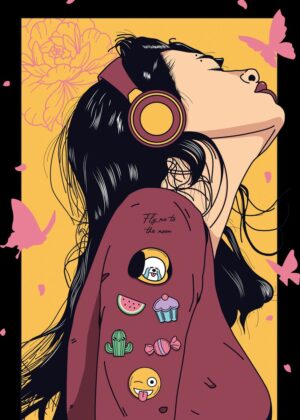 Fly Me to the Moon: A Dreamy Lovesong Illustration - Premium Wooden Framed Poster. Ready to Hang.