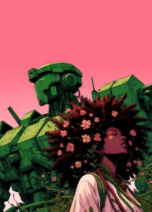 Afrofuturism: Harmony of Steel and Bloom - Premium Wooden Framed Poster. Ready to Hang.