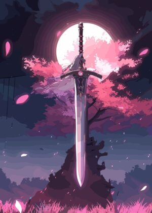 Anime Sword in Moonlight: Fantasy Art Print - Premium Wooden Framed Poster. Ready to Hang.