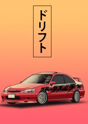 Drifting Honda Civic Artwork Print - Premium Wooden Framed Poster. Ready to Hang.