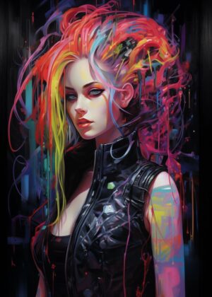 Punk Girl No. 10: Vibrant Cyberpunk Art Print - Premium Wooden Framed Poster. Ready to Hang.