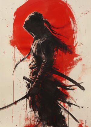 Crimson Shadow: A Shinobi's Silent Vigil - Premium Wooden Framed Poster. Ready to Hang.