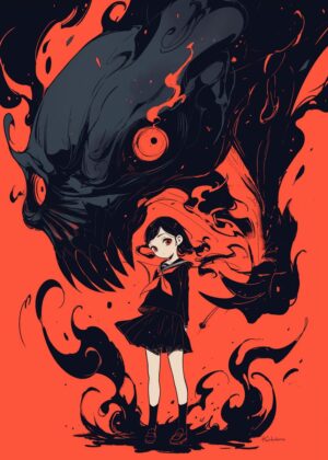 Dark Fantasy Anime Girl Artwork: Horror Manga Style - Premium Wooden Framed Poster. Ready to Hang.