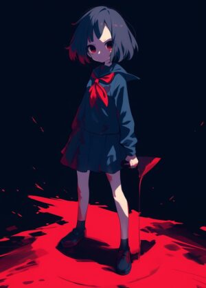 Crimson Shadows: A Dark Anime-Style Illustration - Premium Wooden Framed Poster. Ready to Hang.