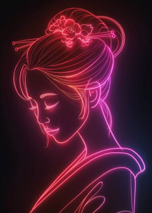 Neon Geisha: A Japanese Art Print - Premium Wooden Framed Poster. Ready to Hang.