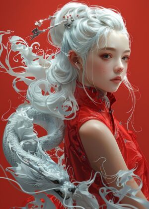 Mystical Asian Woman and Dragon Art Print - Premium Wooden Framed Poster. Ready to Hang.
