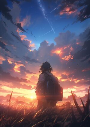 Anime Sunset Landscape: A Journey's End - Premium Wooden Framed Poster. Ready to Hang.