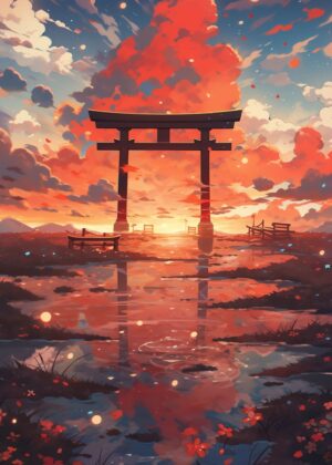 Anime Torii Gate Sunset Landscape Art Print - Premium Wooden Framed Poster. Ready to Hang.
