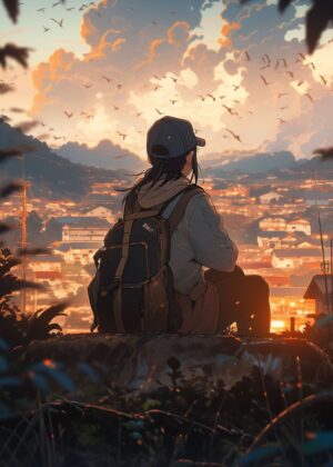 Sunset Town Anime Landscape Art Print - Premium Wooden Framed Poster. Ready to Hang.