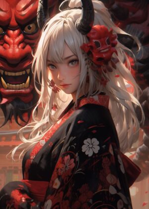 Anime Demon Girl: Enchanting Artwork - Premium Wooden Framed Poster. Ready to Hang.