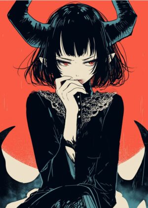 Dark Anime Demon Girl Art Print - Premium Wooden Framed Poster. Ready to Hang.
