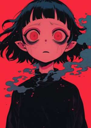 Crimson Demon: A Grunge Anime Art Print - Premium Wooden Framed Poster. Ready to Hang.