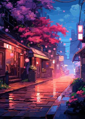 Japanese Street at Night with Cherry Blossoms - Premium Wooden Framed Poster. Ready to Hang.