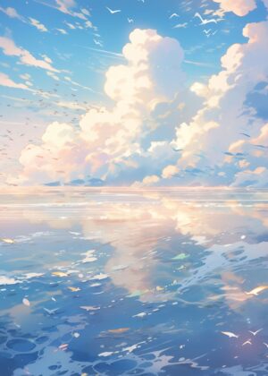 Serene Anime Seascape: Peaceful Ocean Reflection Artwork - Premium Wooden Framed Poster. Ready to Hang.