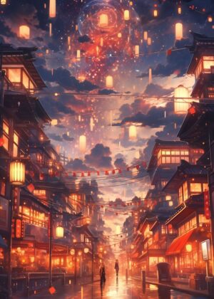 Lunar New Year Anime Street Scene: A Dreamy Night - Premium Wooden Framed Poster. Ready to Hang.